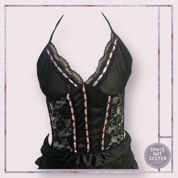 Black Pink Ribbon Lingerie Dress