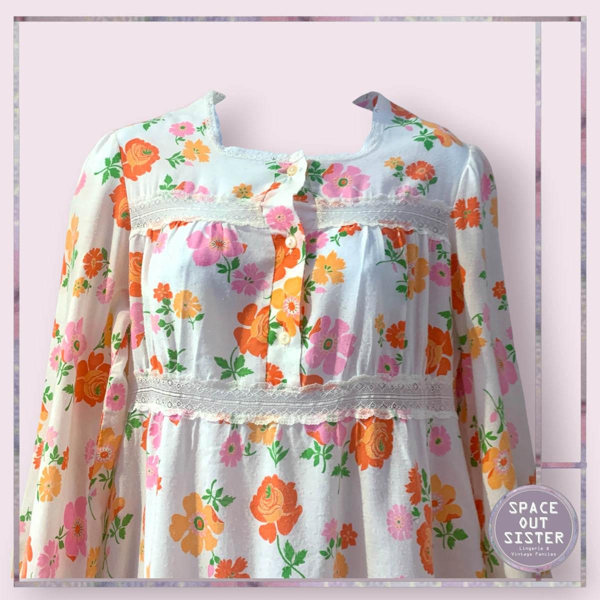 Vintage Orange & Pink Floral Nightdress Bust 34”