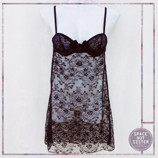 1990s Black Lace Sheer Nightdress